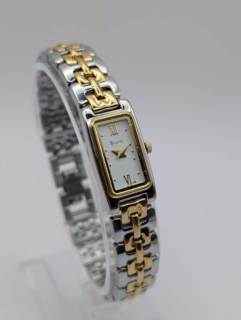 Vintage Bulova Two-Tone Quartz Ladies Watch, Rectangular Tank Dial Link Bracelet